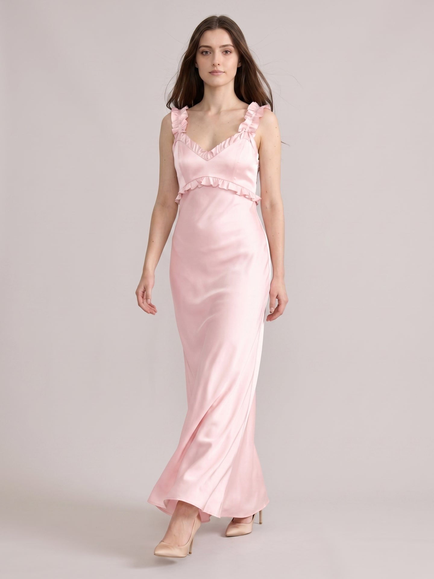 Sweet & Flowy Blushing Pink Satin Sheath Backless RuffleDetail Ankle-Length Bridesmaid Dress