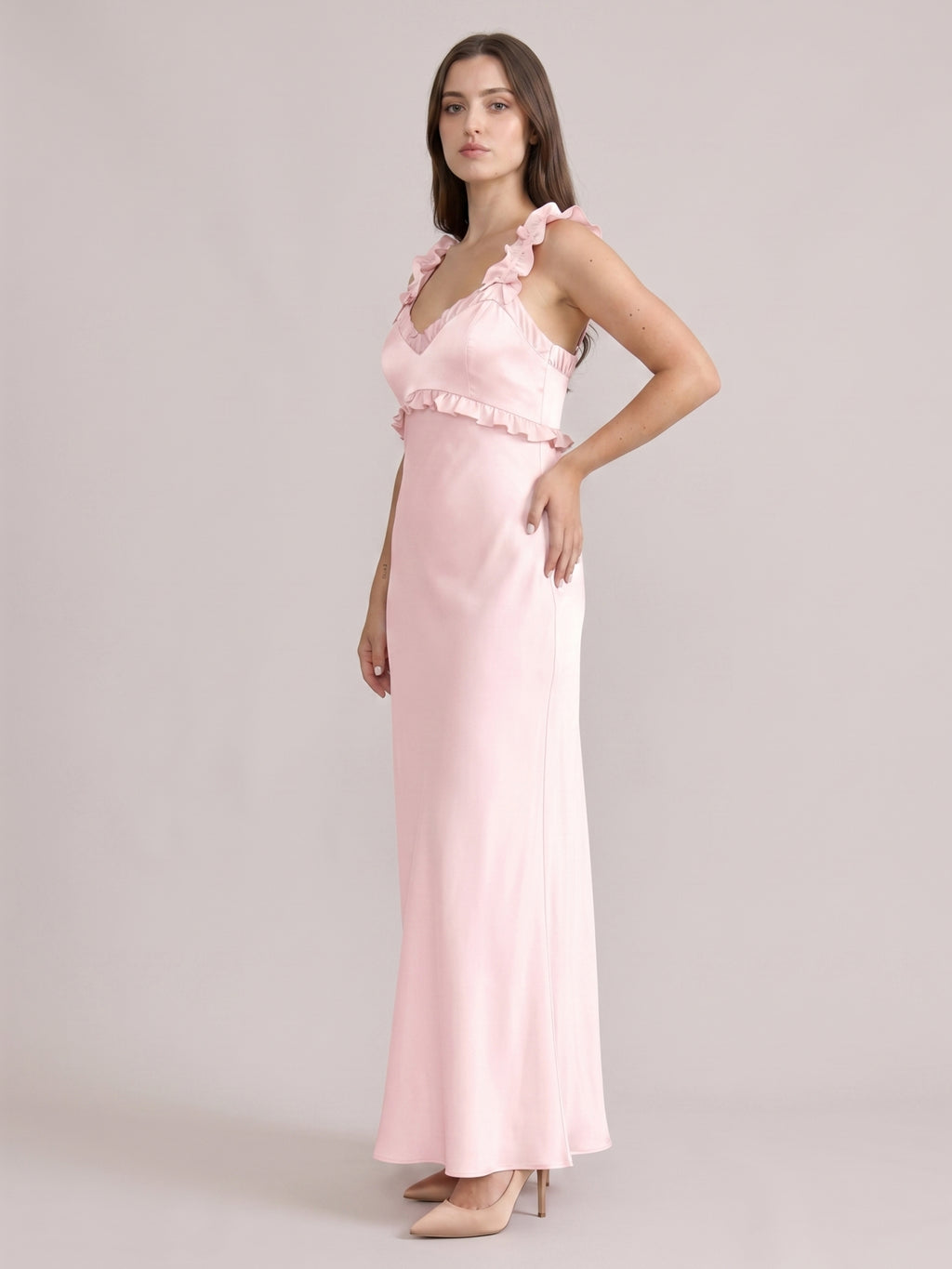Sweet & Flowy Blushing Pink Satin Sheath Backless RuffleDetail Ankle-Length Bridesmaid Dress