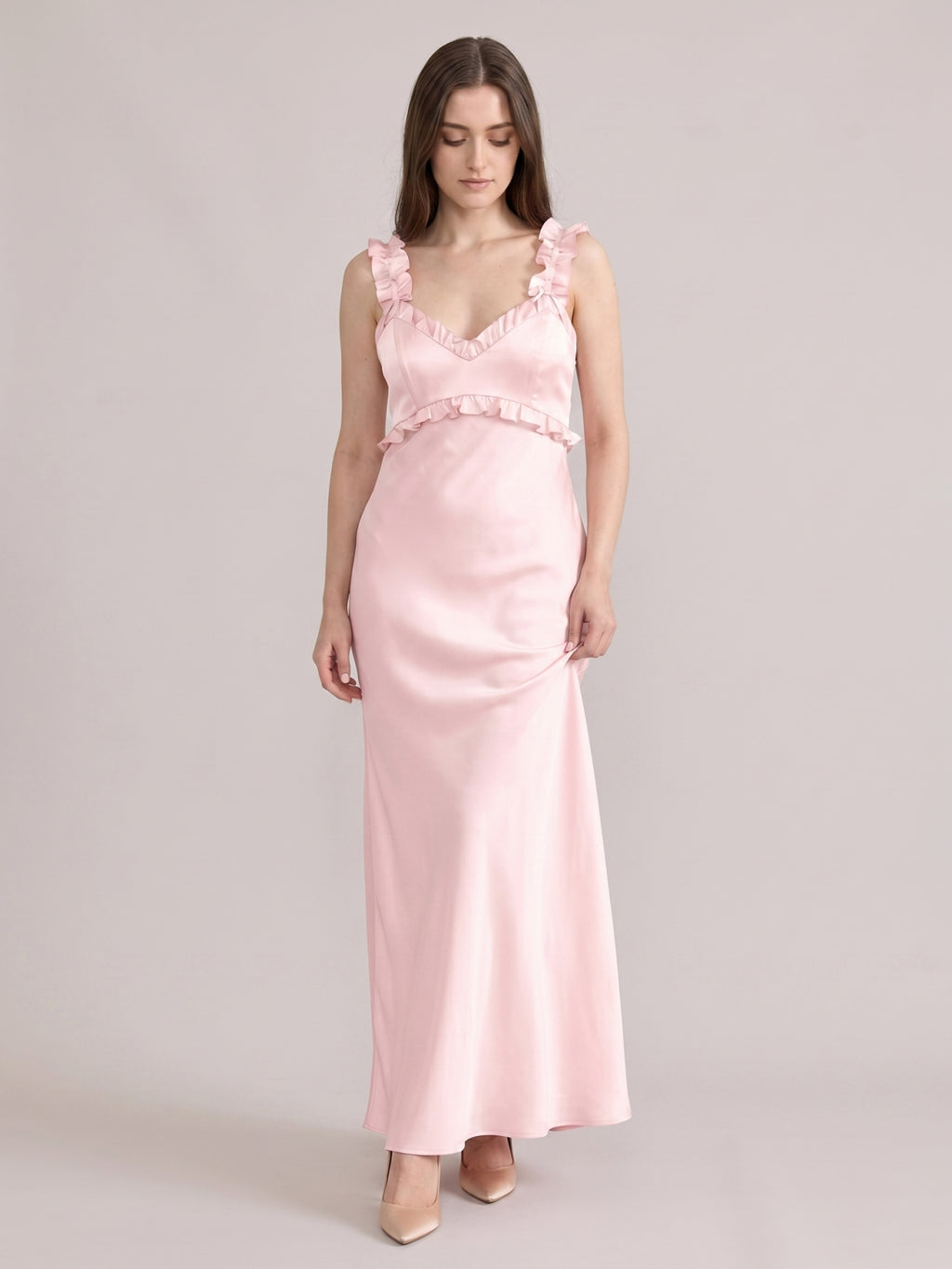 Sweet & Flowy Blushing Pink Satin Sheath Backless RuffleDetail Ankle-Length Bridesmaid Dress