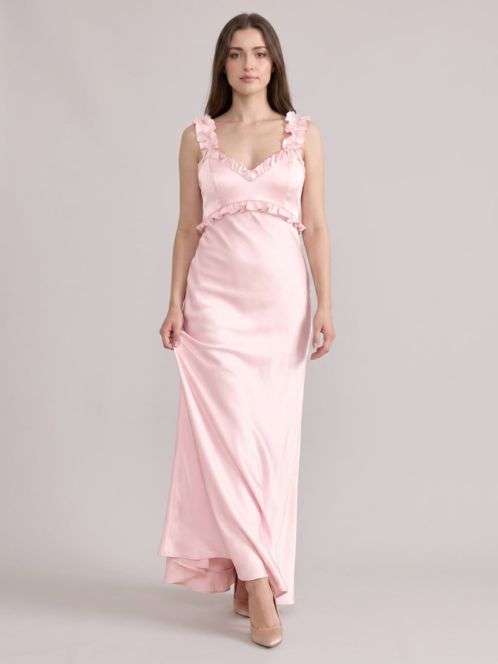 Sweet & Flowy Blushing Pink Satin Sheath Backless RuffleDetail Ankle-Length Bridesmaid Dress