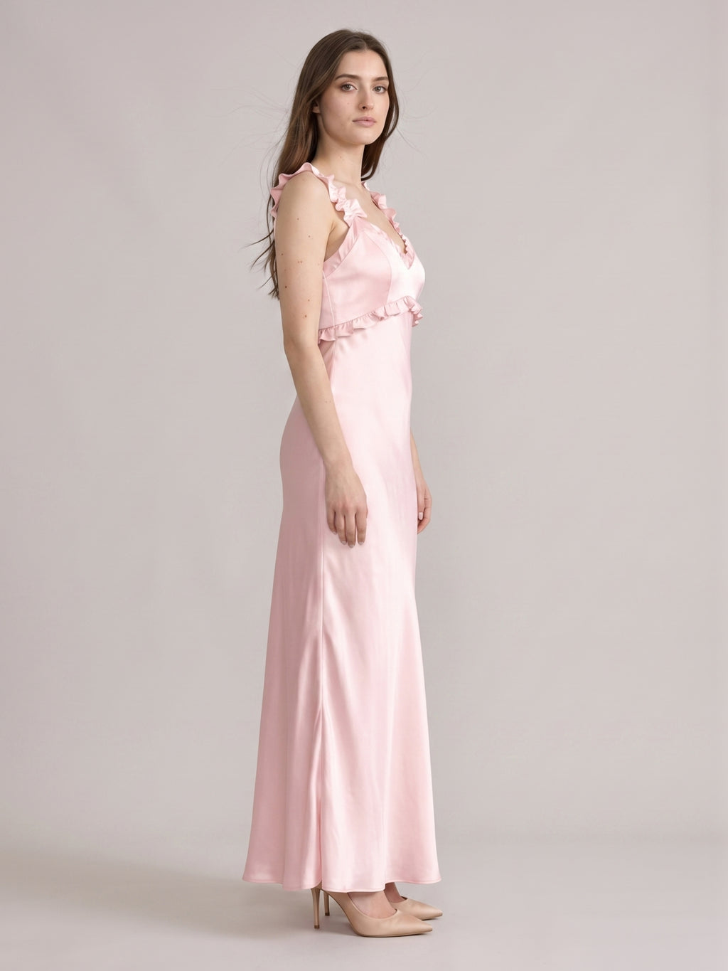 Sweet & Flowy Blushing Pink Satin Sheath Backless RuffleDetail Ankle-Length Bridesmaid Dress