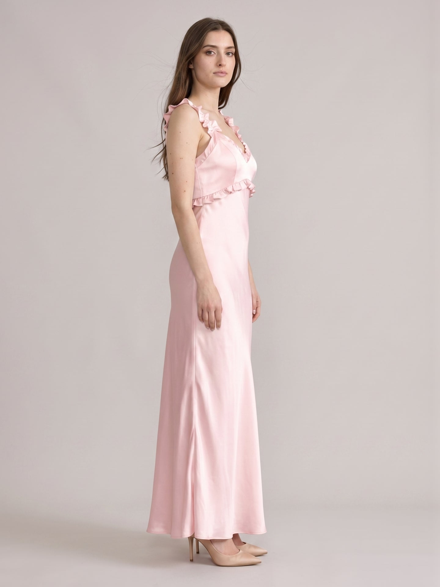 Sweet & Flowy Blushing Pink Satin Sheath Backless RuffleDetail Ankle-Length Bridesmaid Dress