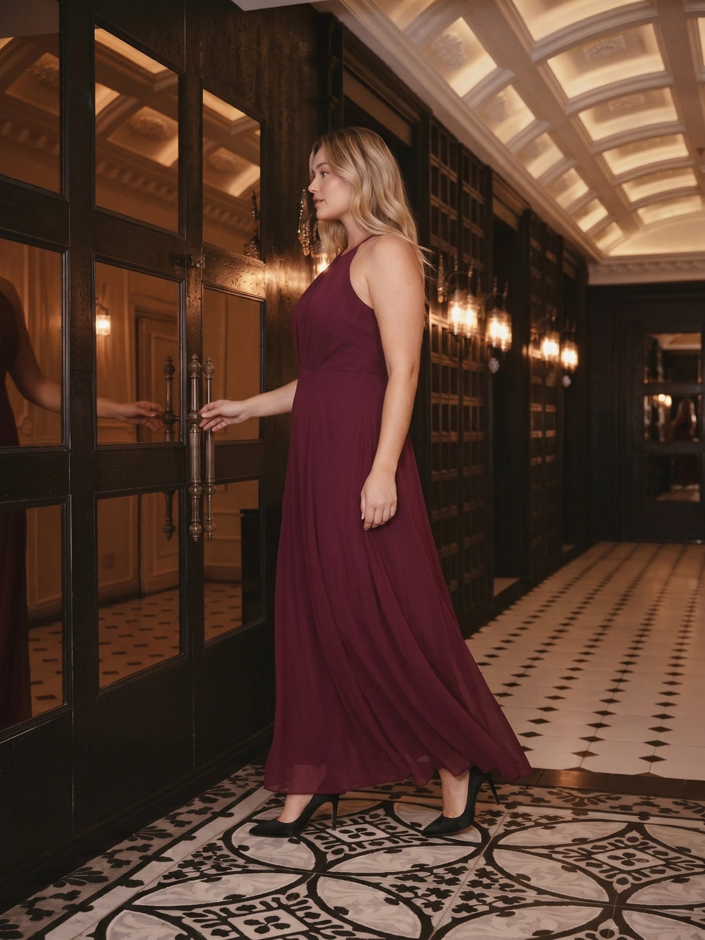 Sweet & Flowy Cabernet Chiffon A-Line Halter neckline Ankle-Length Plus Size Bridesmaid Dress
