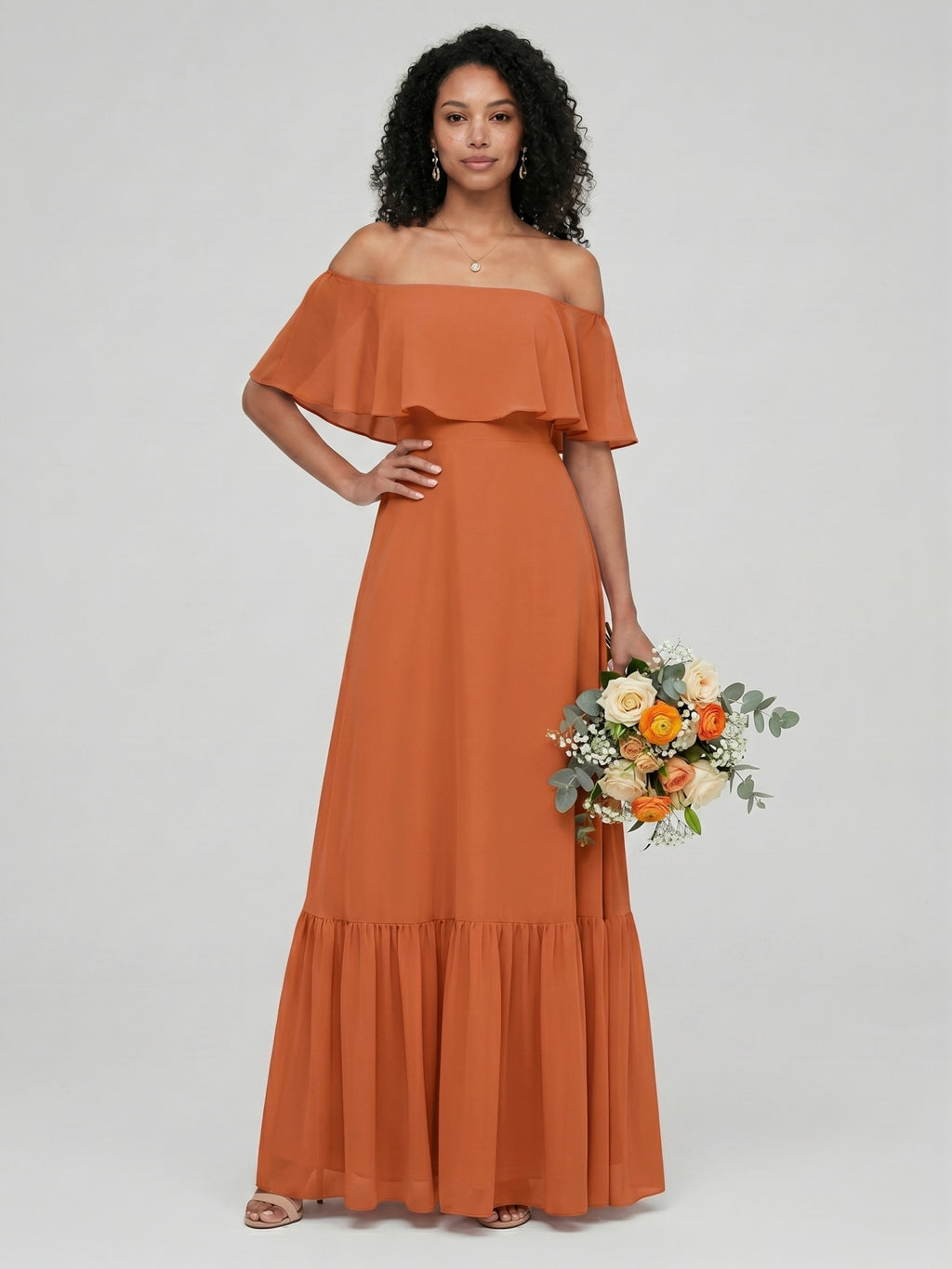 Sweet & Flowy Cinnamon Chiffon A-Line Off-the-Shoulder Ankle-Length Bridesmaid Dress with Minimalist Design