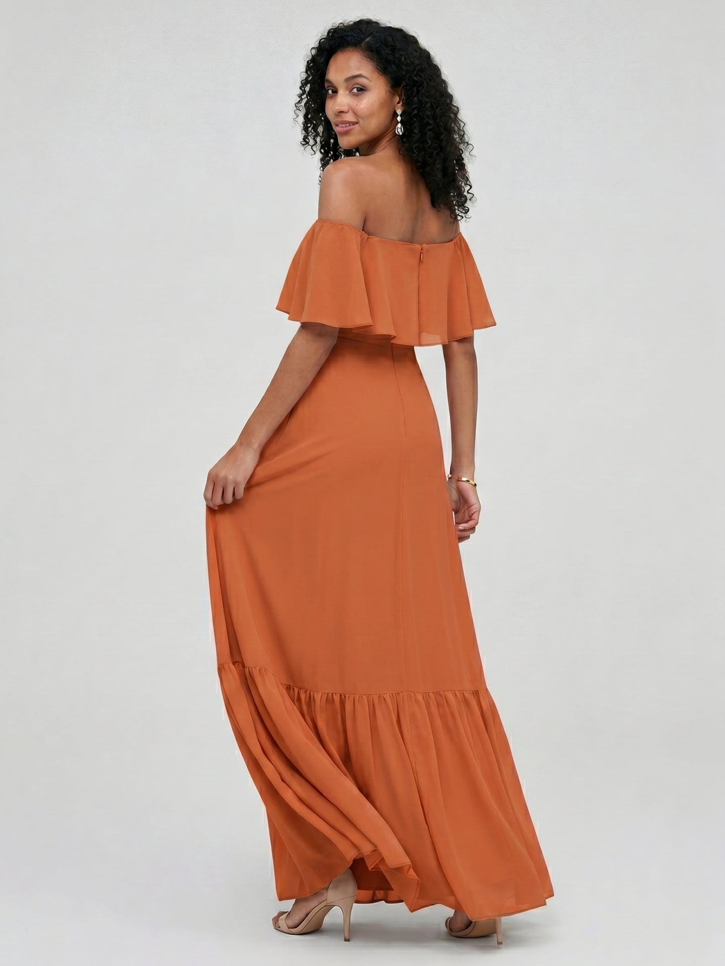 Sweet & Flowy Cinnamon Chiffon A-Line Off-the-Shoulder Ankle-Length Bridesmaid Dress with Minimalist Design