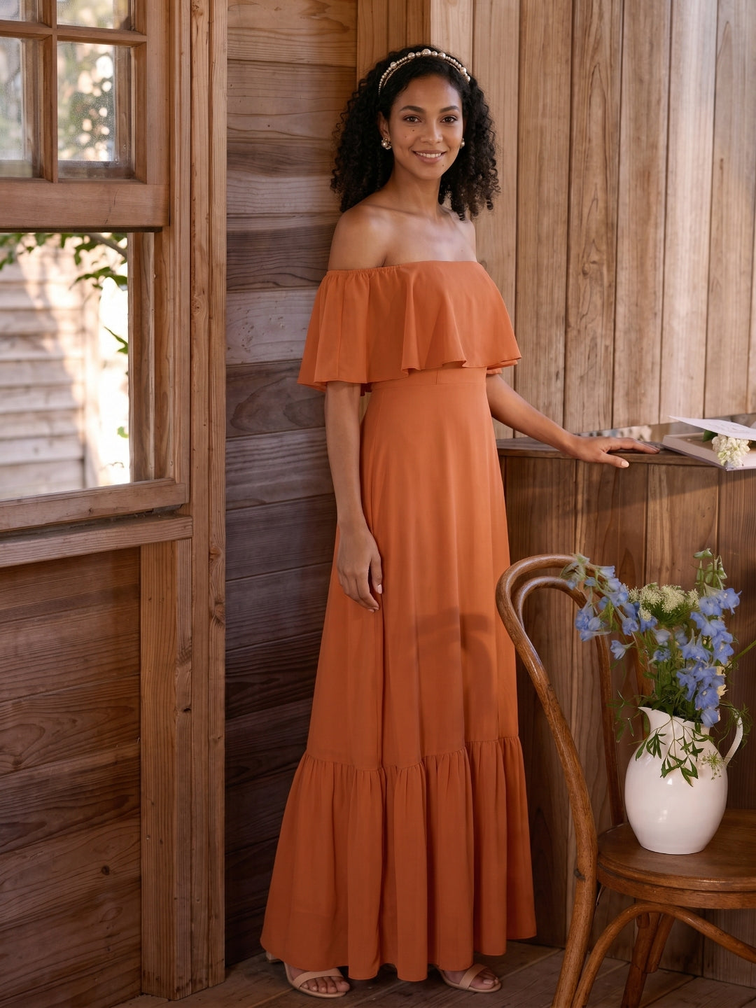 Sweet & Flowy Cinnamon Chiffon A-Line Off-the-Shoulder Ankle-Length Bridesmaid Dress with Minimalist Design