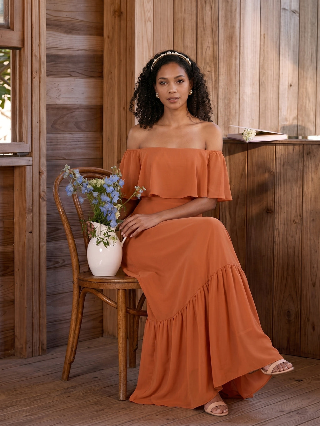 Sweet & Flowy Cinnamon Chiffon A-Line Off-the-Shoulder Ankle-Length Bridesmaid Dress with Minimalist Design