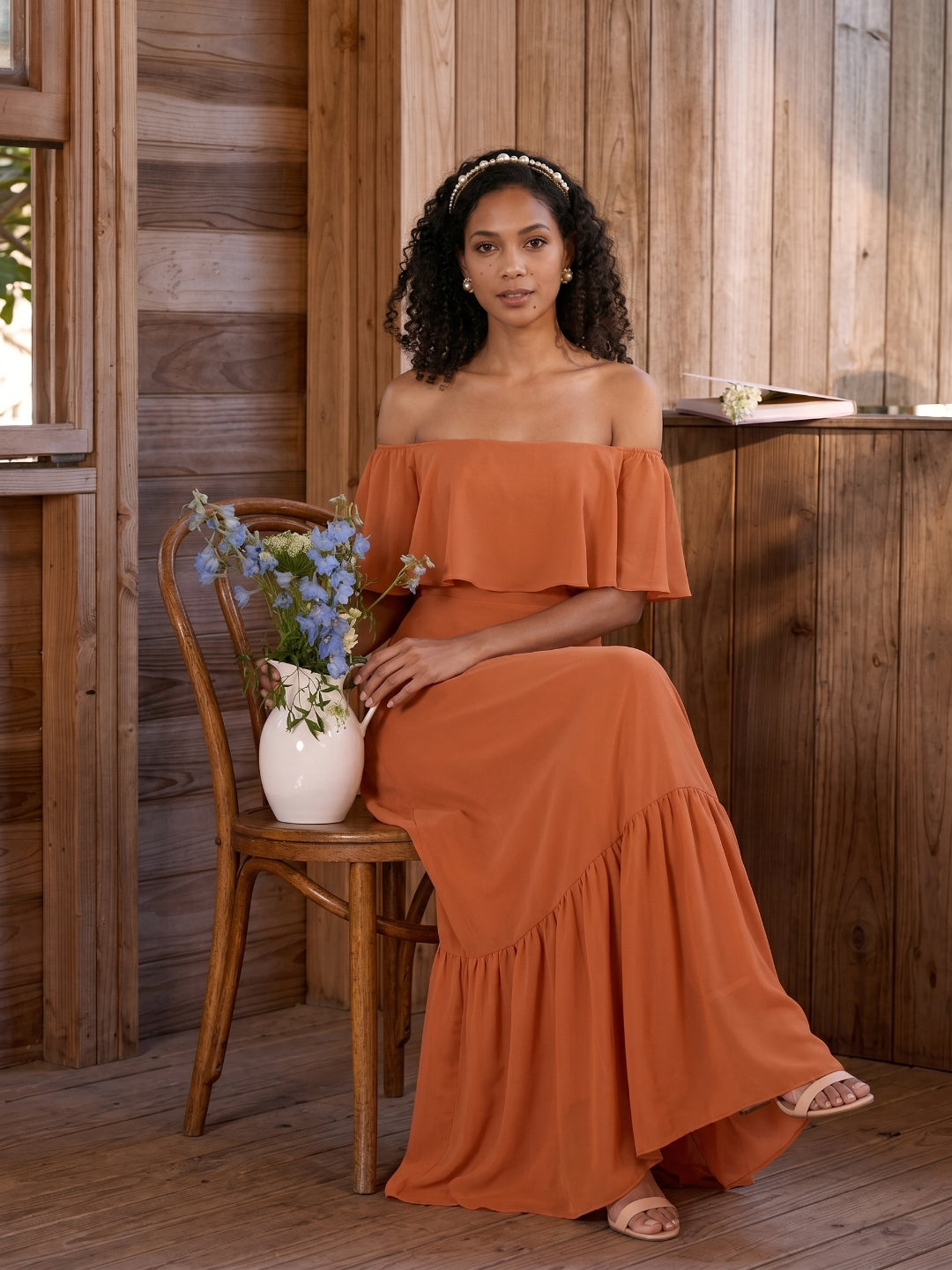 Sweet & Flowy Cinnamon Chiffon A-Line Off-the-Shoulder Ankle-Length Bridesmaid Dress with Minimalist Design