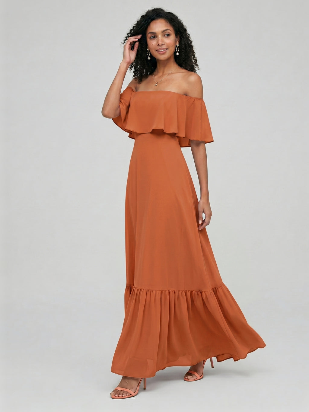 Sweet & Flowy Cinnamon Chiffon A-Line Off-the-Shoulder Ankle-Length Bridesmaid Dress with Minimalist Design