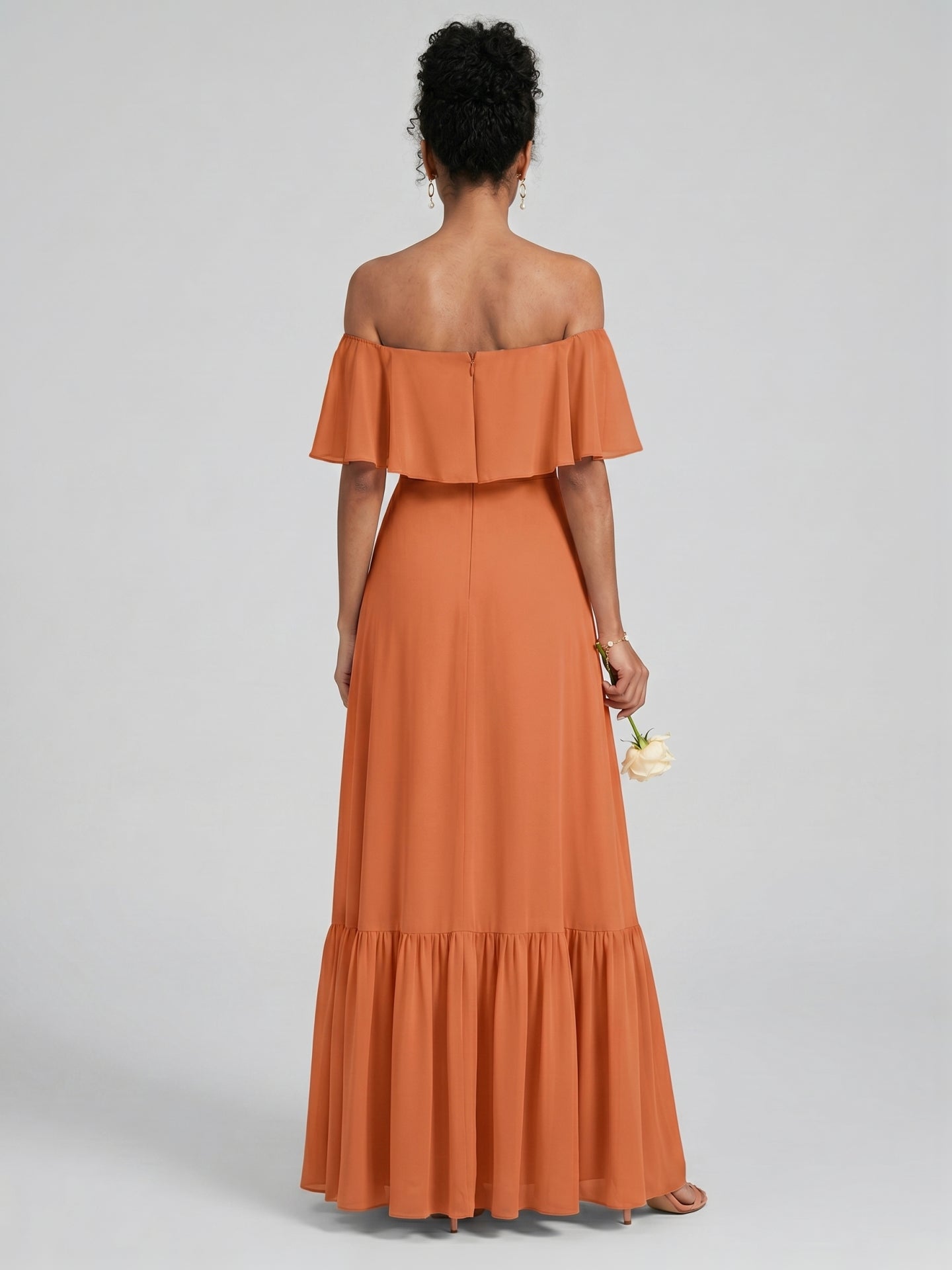 Sweet & Flowy Cinnamon Chiffon A-Line Off-the-Shoulder Ankle-Length Bridesmaid Dress with Minimalist Design