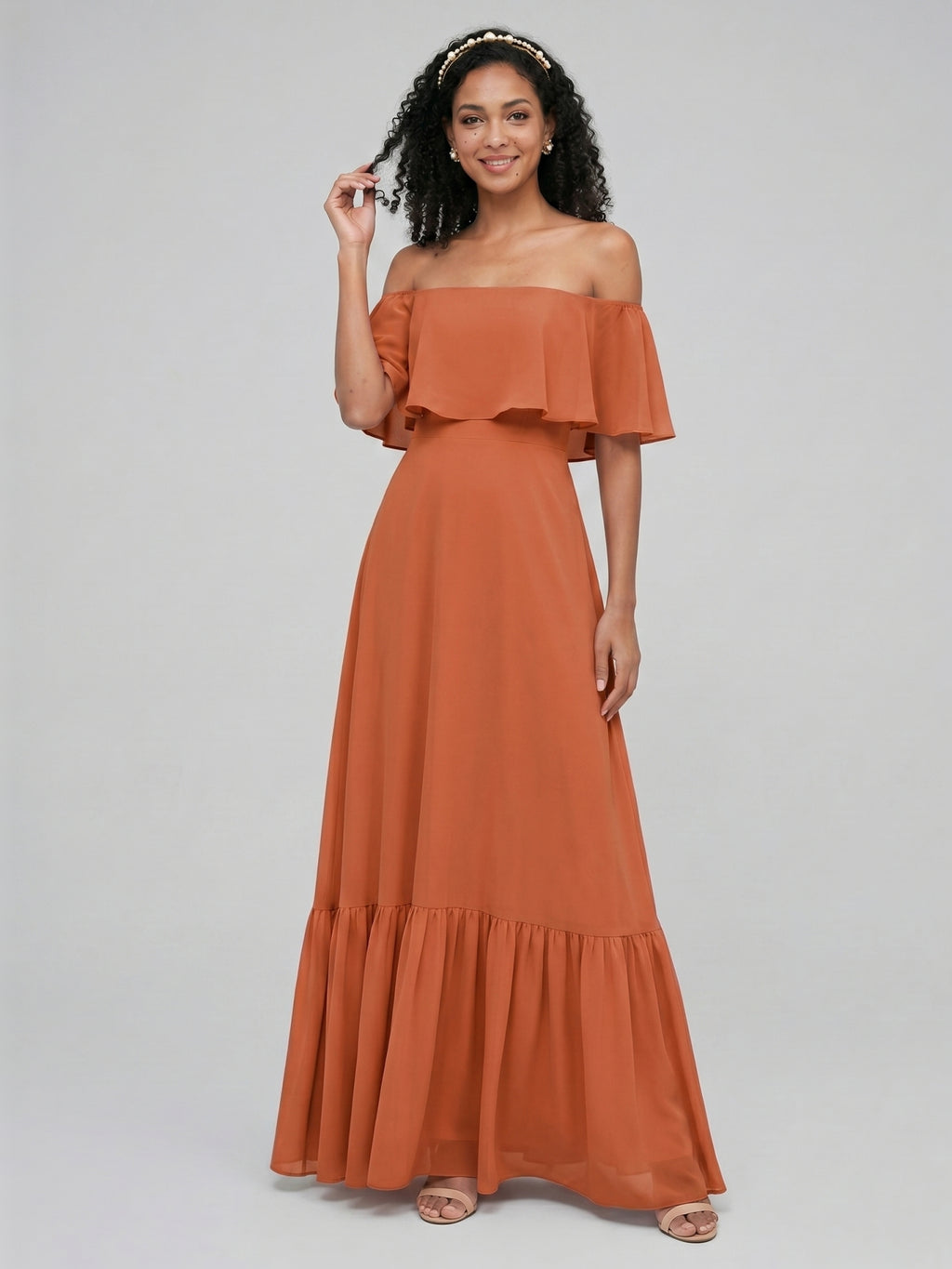 Sweet & Flowy Cinnamon Chiffon A-Line Off-the-Shoulder Ankle-Length Bridesmaid Dress with Minimalist Design