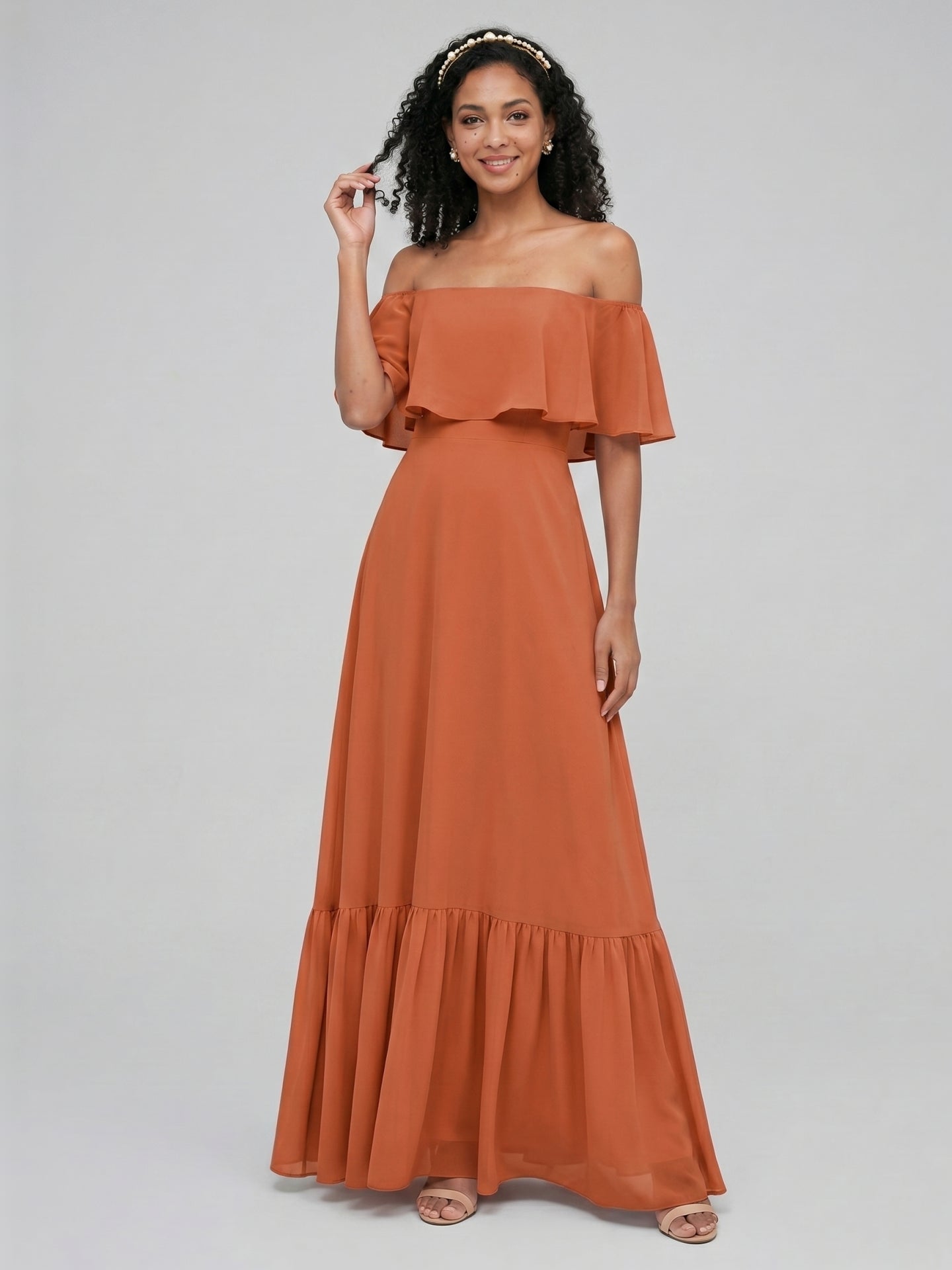 Sweet & Flowy Cinnamon Chiffon A-Line Off-the-Shoulder Ankle-Length Bridesmaid Dress with Minimalist Design
