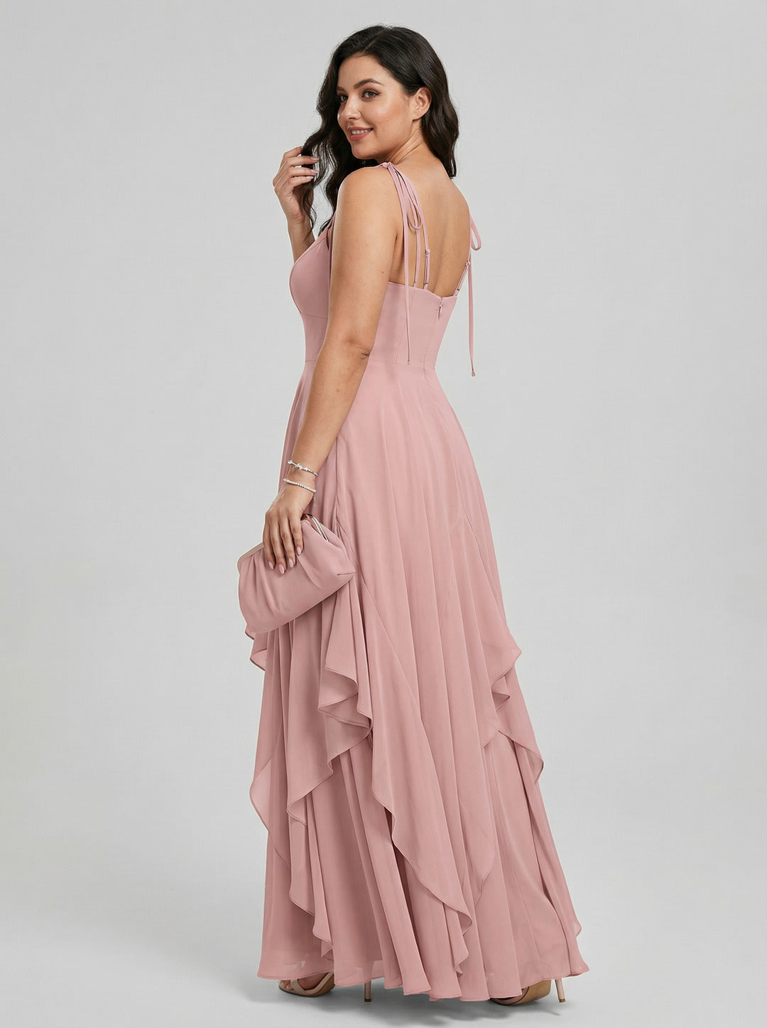 Sweet & Flowy Dusty Rose Chiffon A-Line V-Neck Back Zip with Ruffle Ankle-Length Bridesmaid Dress