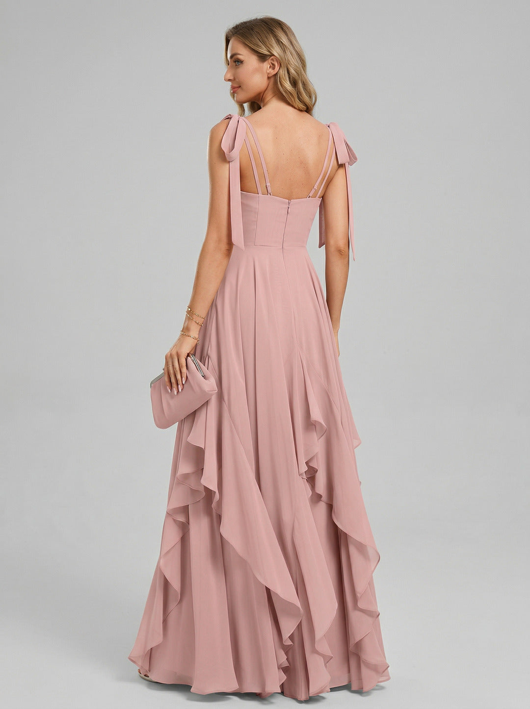 Sweet & Flowy Dusty Rose Chiffon A-Line V-Neck Back Zip with Ruffle Ankle-Length Bridesmaid Dress