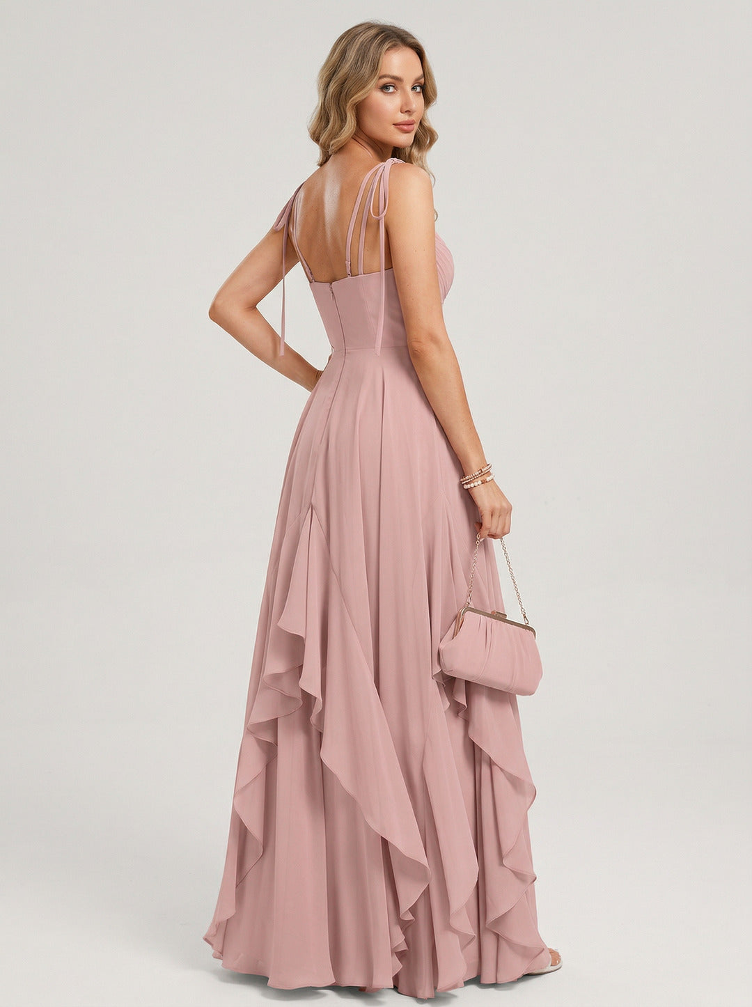 Sweet & Flowy Dusty Rose Chiffon A-Line V-Neck Back Zip with Ruffle Ankle-Length Bridesmaid Dress
