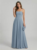 Sweet & Flowy Dusty Blue Chiffon A-Line Straight Neck Side Zip Ankle-Length Bridesmaid Dress