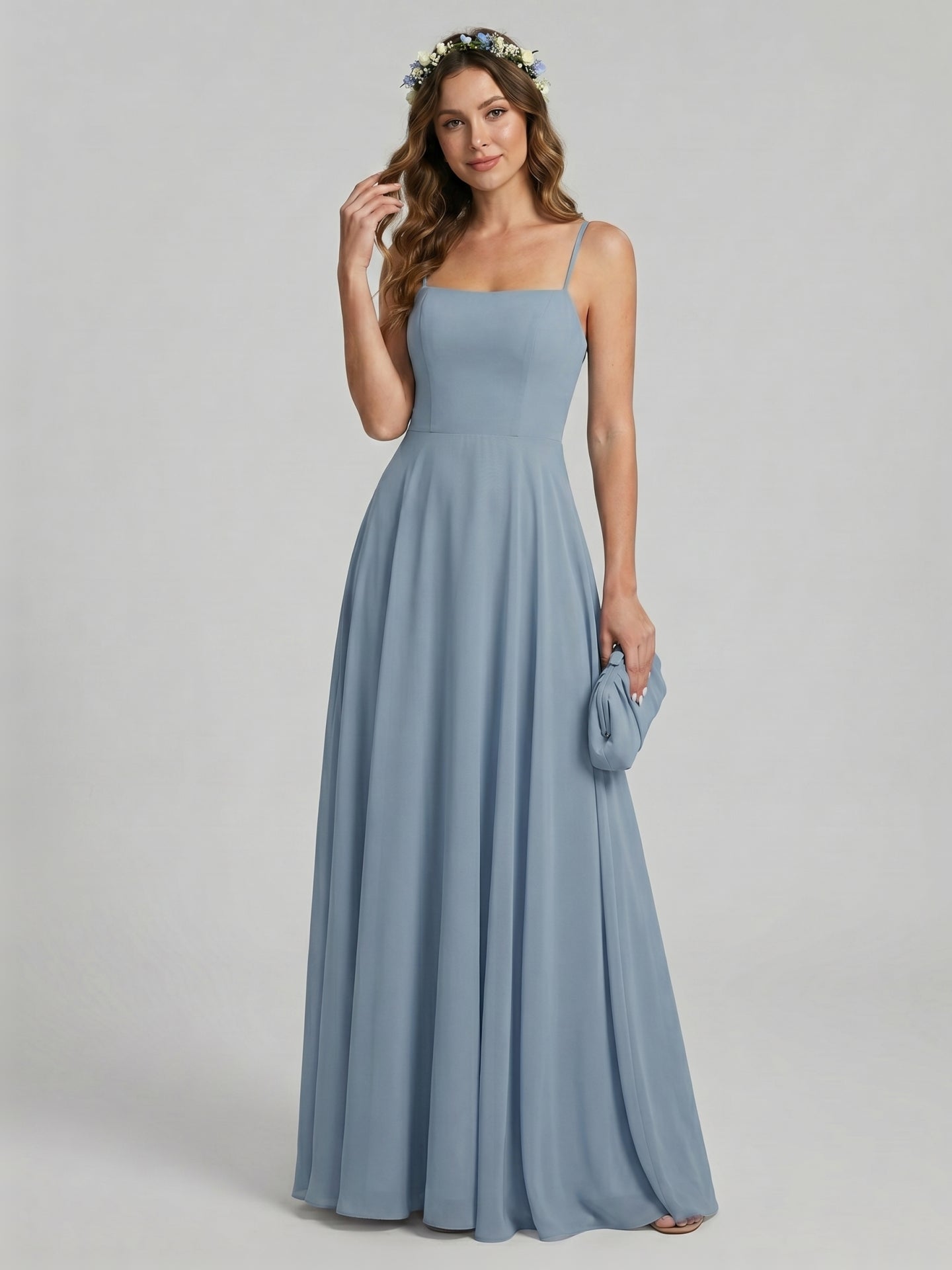 Sweet & Flowy Dusty Blue Chiffon A-Line Straight Neck Side Zip Ankle-Length Bridesmaid Dress