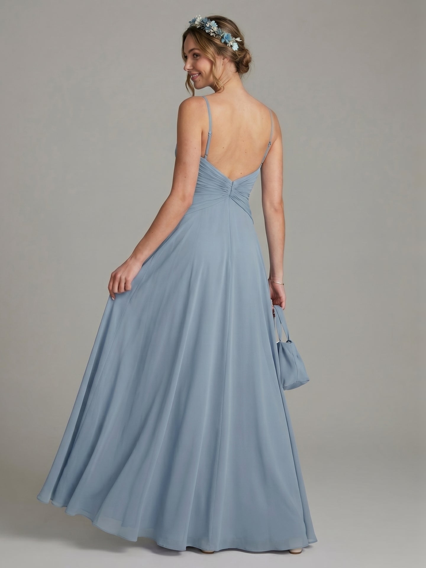 Sweet & Flowy Dusty Blue Chiffon A-Line Straight Neck Side Zip Ankle-Length Bridesmaid Dress