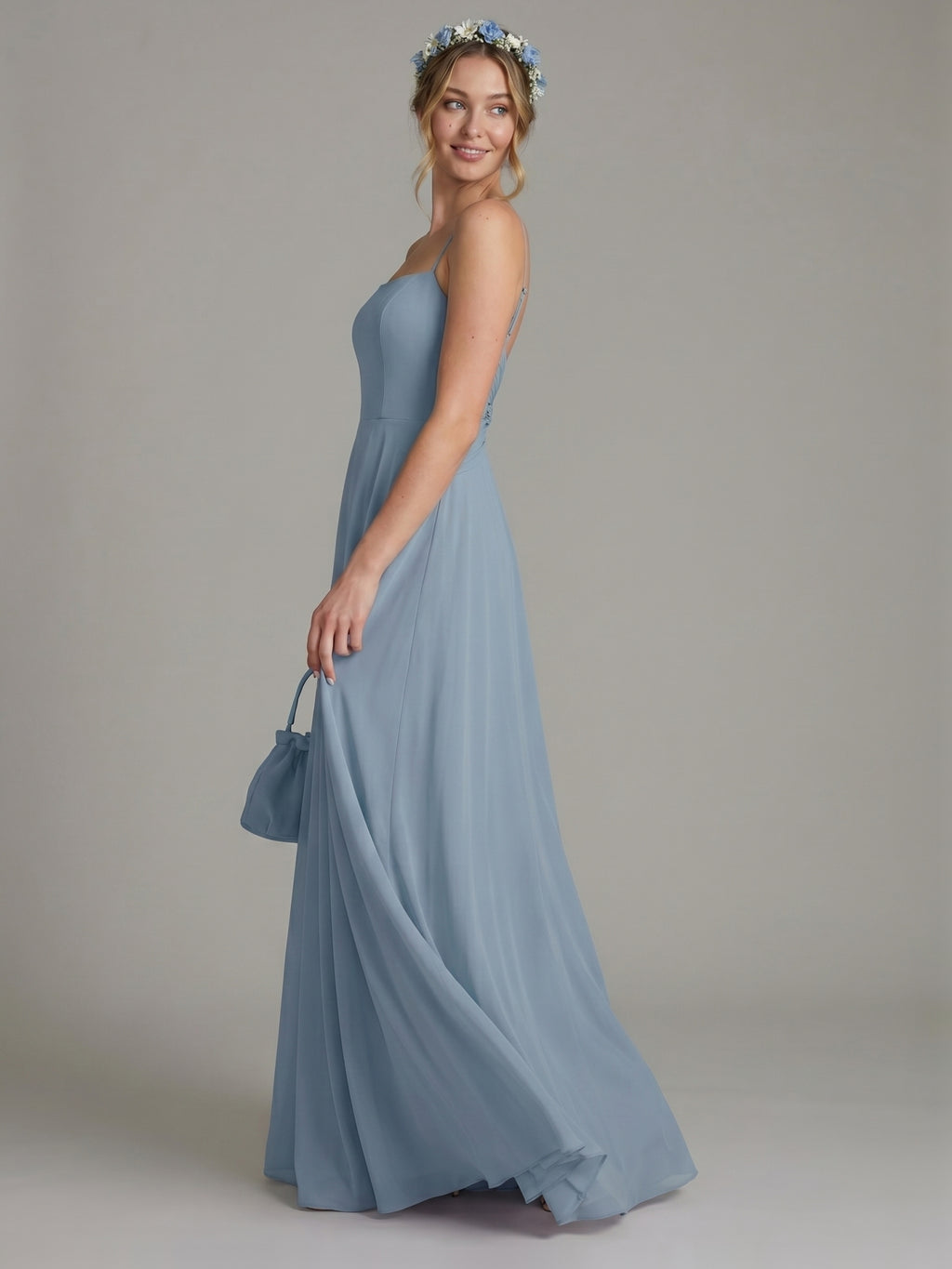 Sweet & Flowy Dusty Blue Chiffon A-Line Straight Neck Side Zip Ankle-Length Bridesmaid Dress