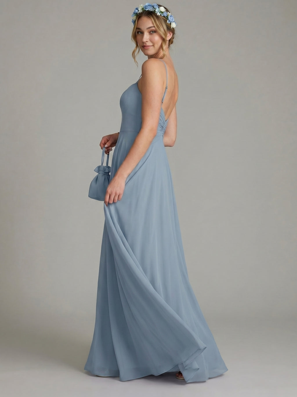 Sweet & Flowy Dusty Blue Chiffon A-Line Straight Neck Side Zip Ankle-Length Bridesmaid Dress