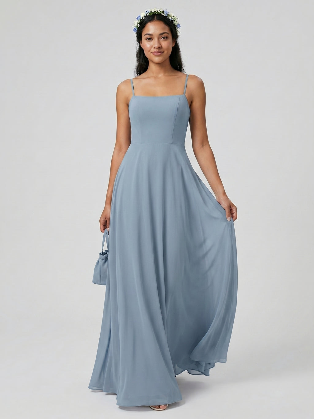 Sweet & Flowy Dusty Blue Chiffon A-Line Straight Neck Side Zip Ankle-Length Bridesmaid Dress