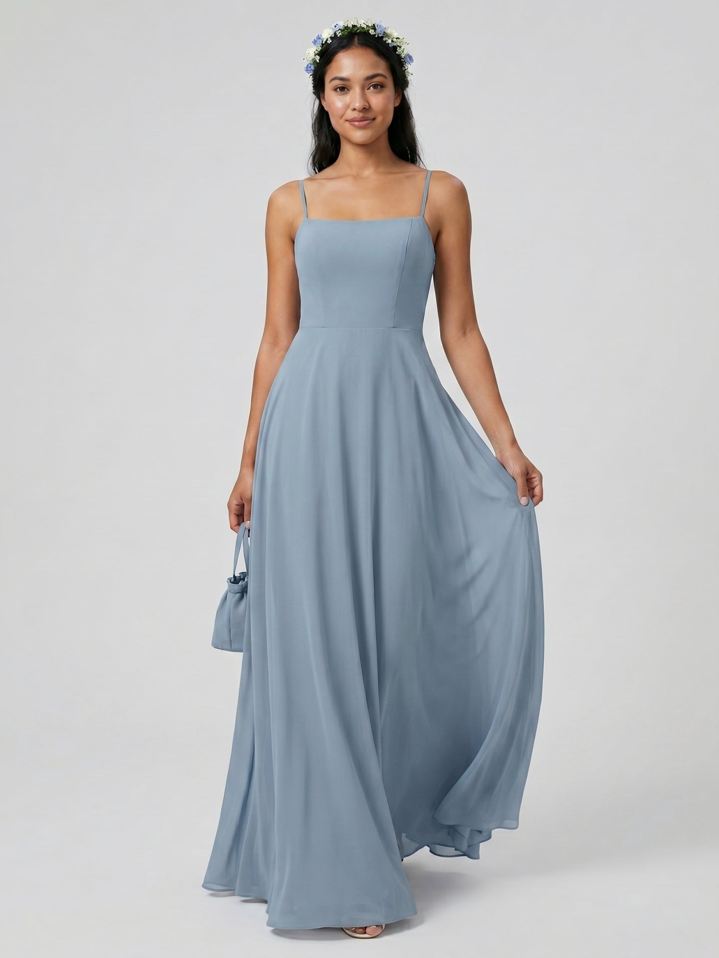Sweet & Flowy Dusty Blue Chiffon A-Line Straight Neck Side Zip Ankle-Length Bridesmaid Dress