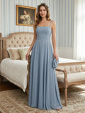 Sweet & Flowy Dusty Blue Chiffon A-Line Straight Neck Side Zip Ankle-Length Bridesmaid Dress