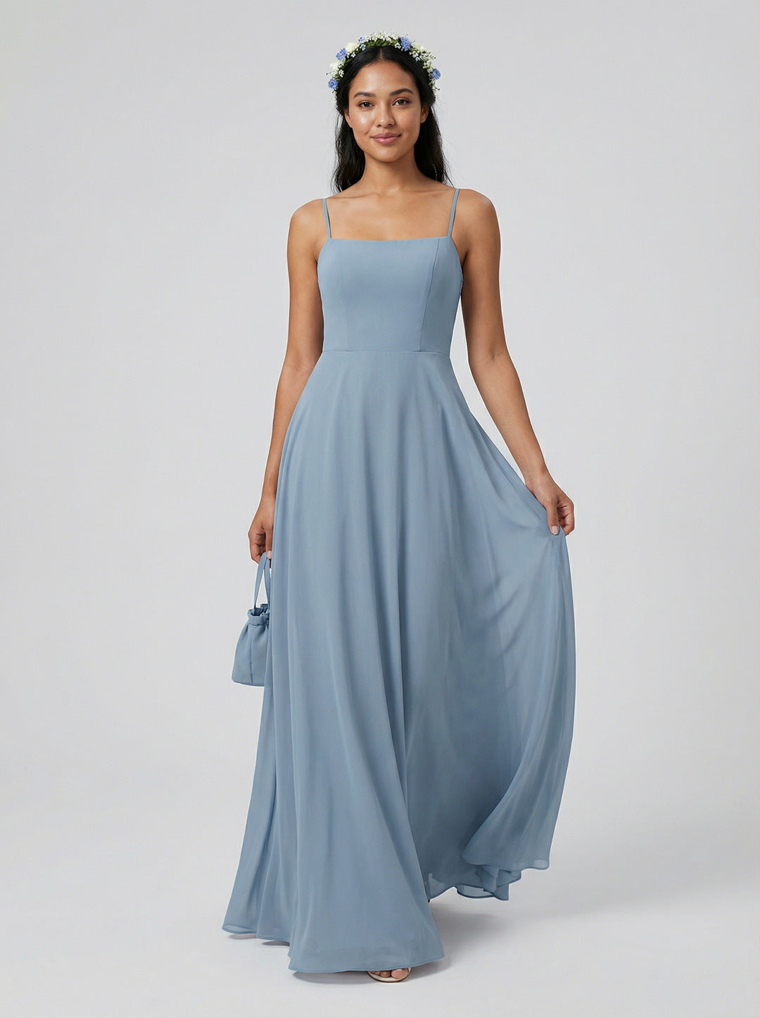 Sweet & Flowy Dusty Blue Chiffon A-Line Straight Neck Side Zip Ankle-Length Bridesmaid Dress