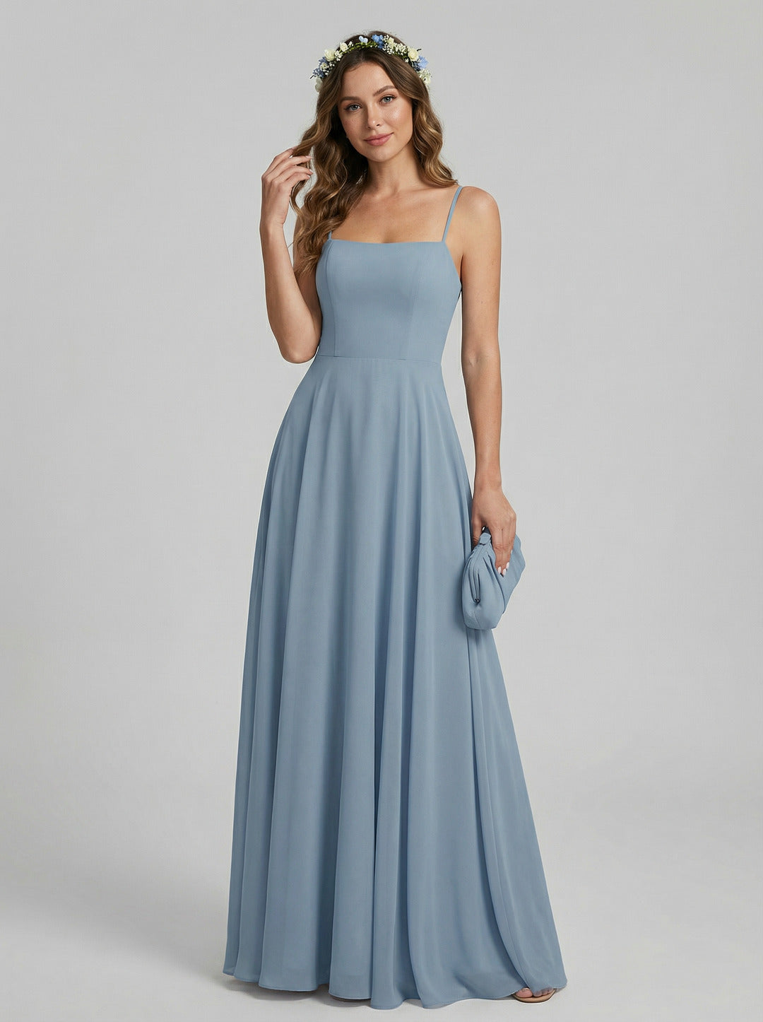 Sweet & Flowy Dusty Blue Chiffon A-Line Straight Neck Side Zip Ankle-Length Bridesmaid Dress