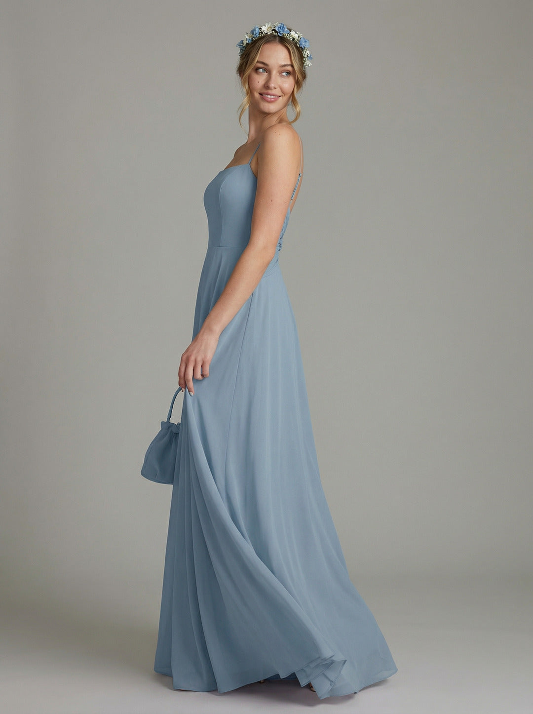 Sweet & Flowy Dusty Blue Chiffon A-Line Straight Neck Side Zip Ankle-Length Bridesmaid Dress