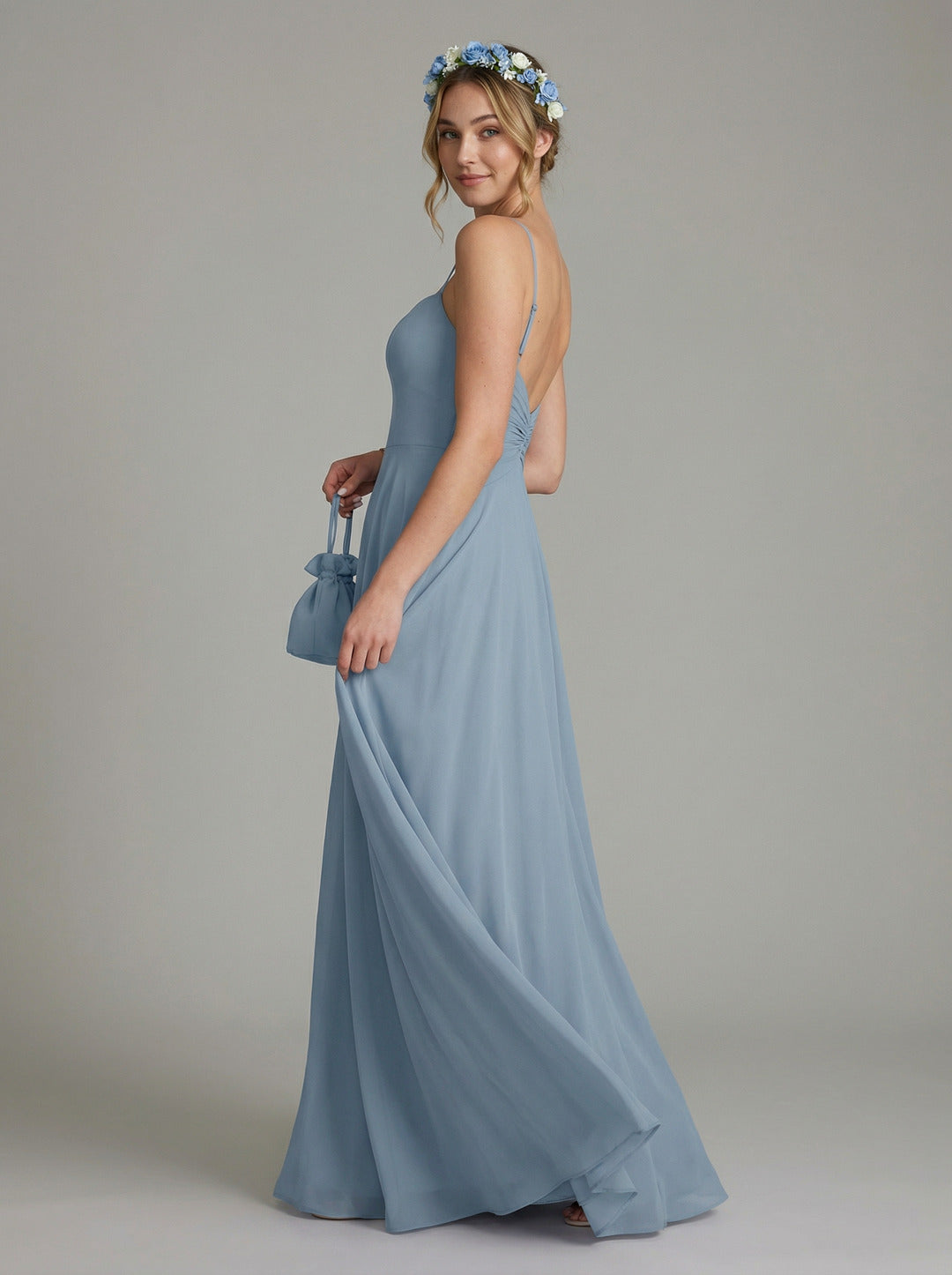 Sweet & Flowy Dusty Blue Chiffon A-Line Straight Neck Side Zip Ankle-Length Bridesmaid Dress