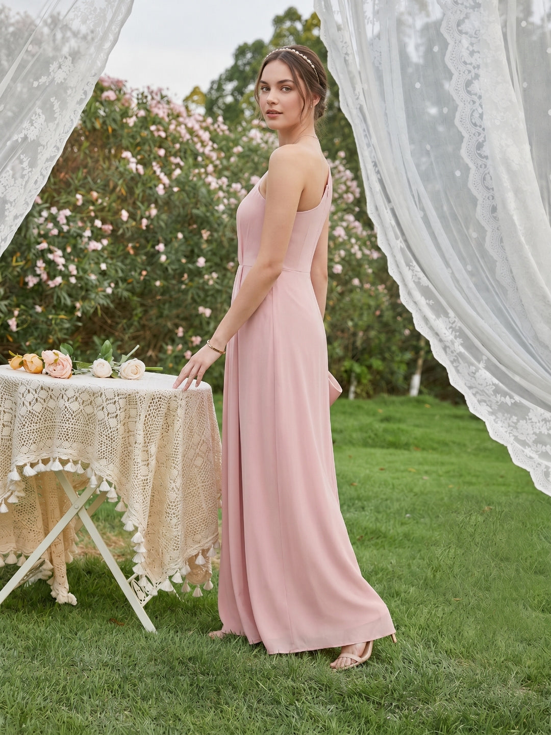 Sweet & Flowy Dusty Rose Chiffon A-Line One Shoulder Ankle-Length Bridesmaid Dress with Minimalist Design