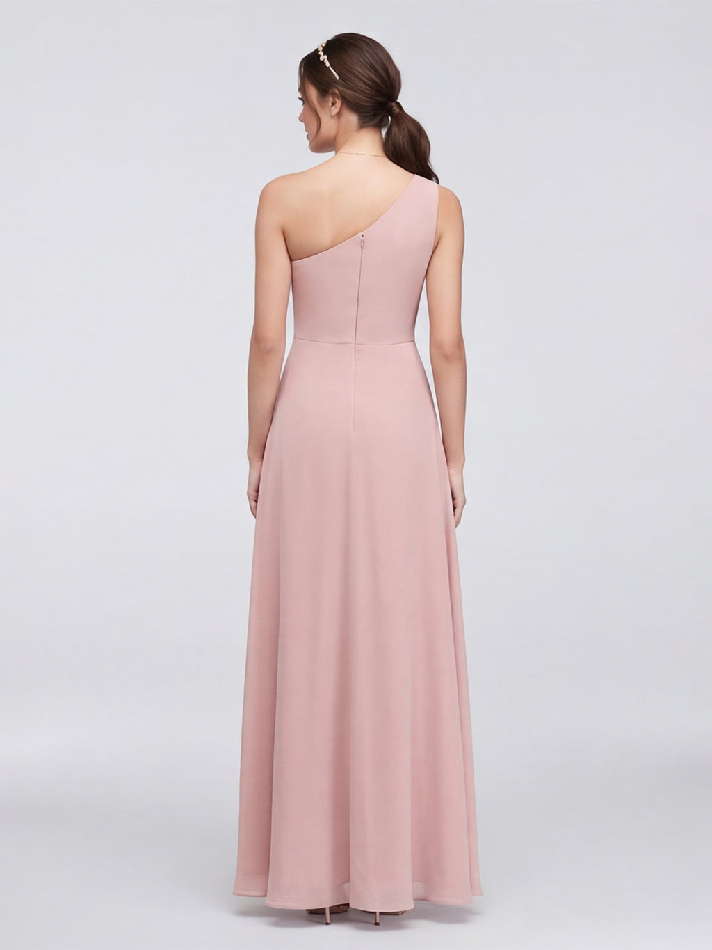 Sweet & Flowy Dusty Rose Chiffon A-Line One Shoulder Ankle-Length Bridesmaid Dress with Minimalist Design