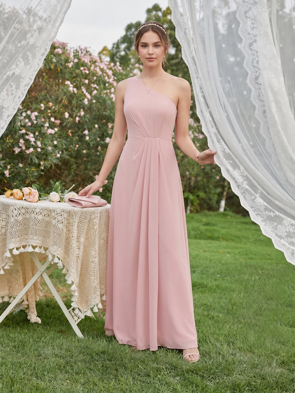 Sweet & Flowy Dusty Rose Chiffon A-Line One Shoulder Ankle-Length Bridesmaid Dress with Minimalist Design