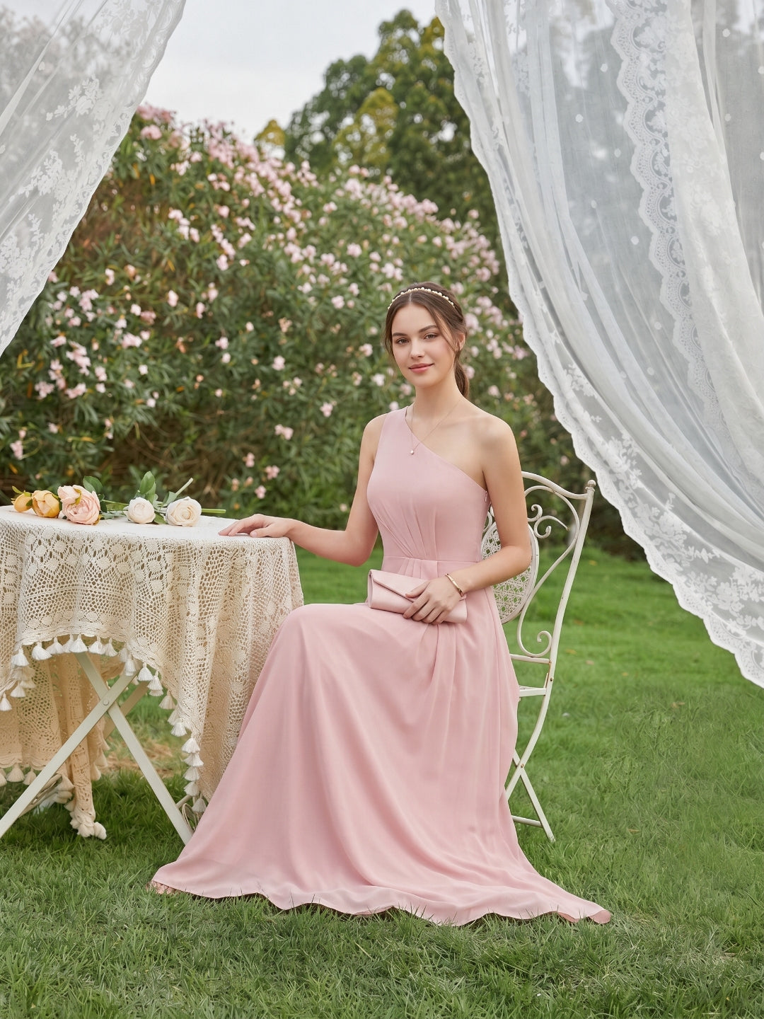 Sweet & Flowy Dusty Rose Chiffon A-Line One Shoulder Ankle-Length Bridesmaid Dress with Minimalist Design