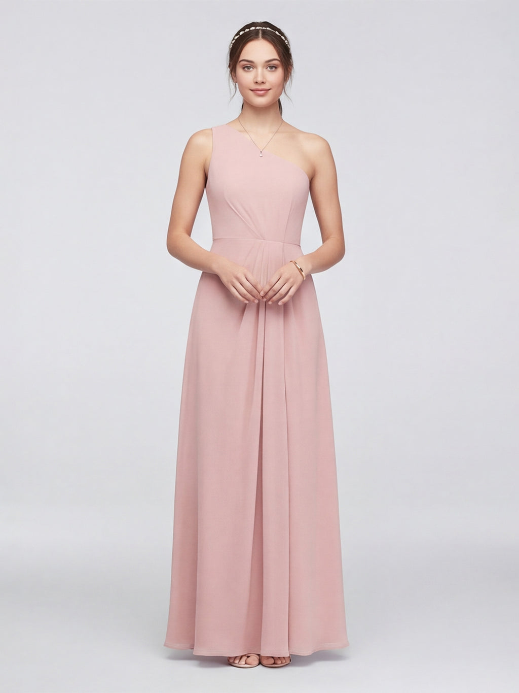 Sweet & Flowy Dusty Rose Chiffon A-Line One Shoulder Ankle-Length Bridesmaid Dress with Minimalist Design