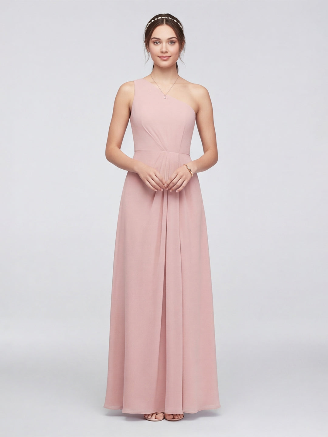 Sweet & Flowy Dusty Rose Chiffon A-Line One Shoulder Ankle-Length Bridesmaid Dress with Minimalist Design
