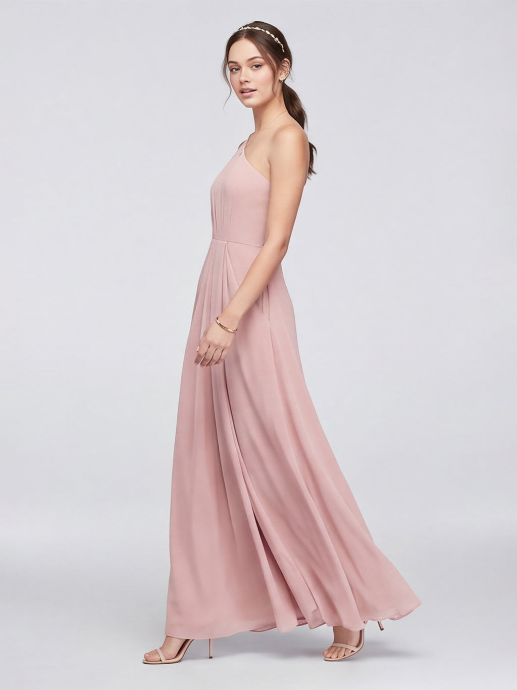 Sweet & Flowy Dusty Rose Chiffon A-Line One Shoulder Ankle-Length Bridesmaid Dress with Minimalist Design