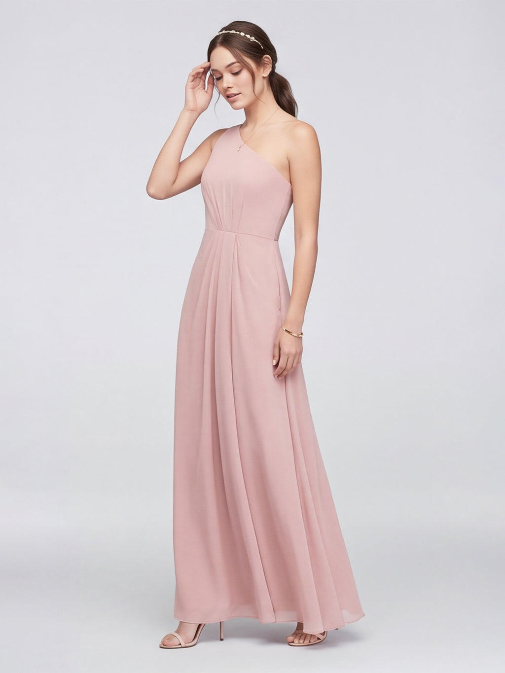 Sweet & Flowy Dusty Rose Chiffon A-Line One Shoulder Ankle-Length Bridesmaid Dress with Minimalist Design