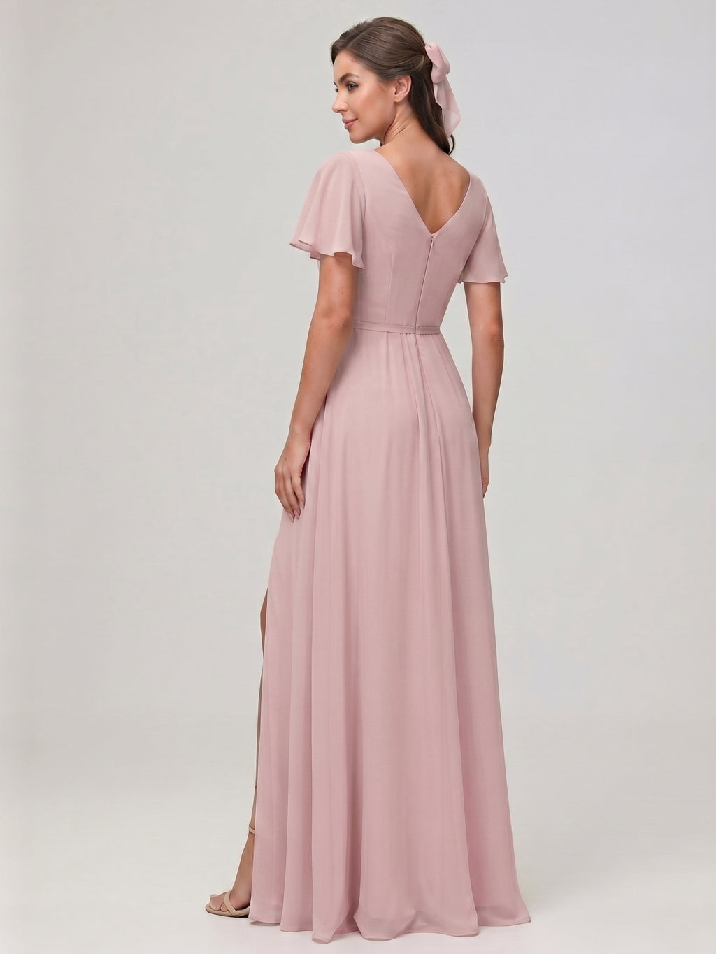 Sweet & Flowy Dusty Rose Chiffon A-Line V-Neck Ankle-Length Bridesmaid Dress with Minimalist Design