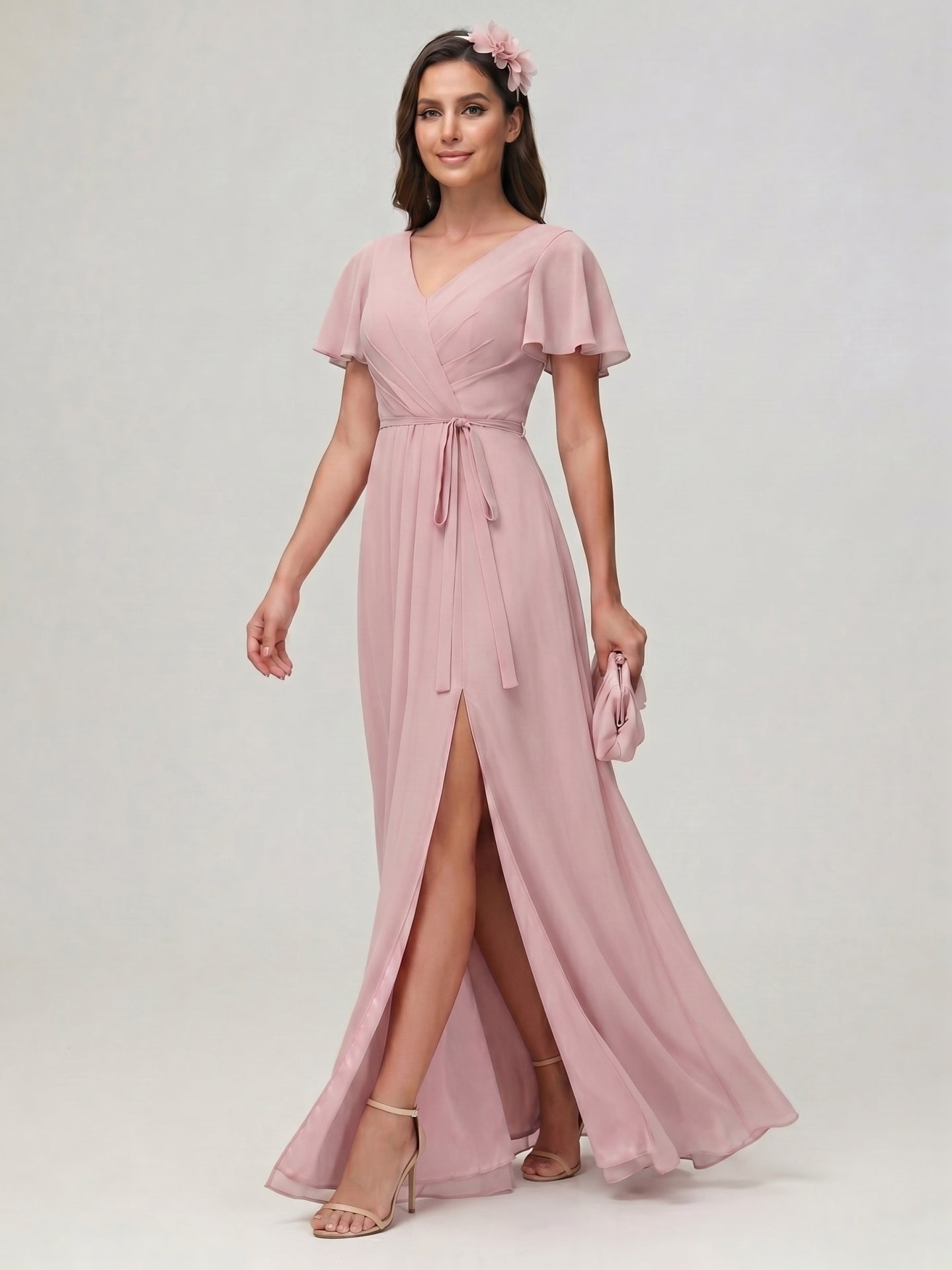Sweet & Flowy Dusty Rose Chiffon A-Line V-Neck Ankle-Length Bridesmaid Dress with Minimalist Design