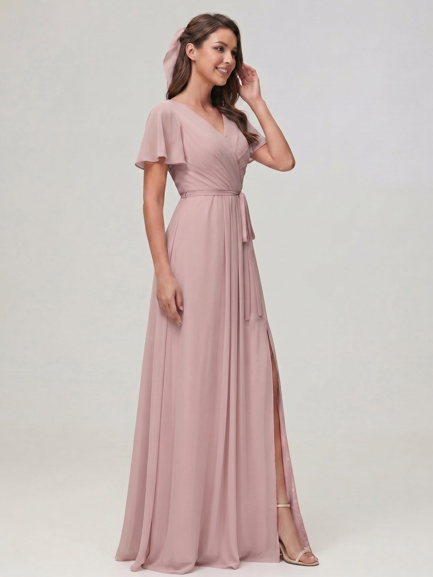 Sweet & Flowy Dusty Rose Chiffon A-Line V-Neck Ankle-Length Bridesmaid Dress with Minimalist Design