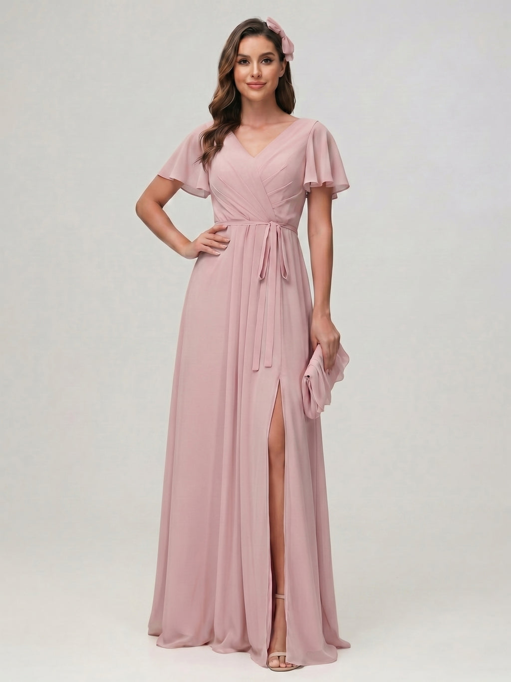 Sweet & Flowy Dusty Rose Chiffon A-Line V-Neck Ankle-Length Bridesmaid Dress with Minimalist Design
