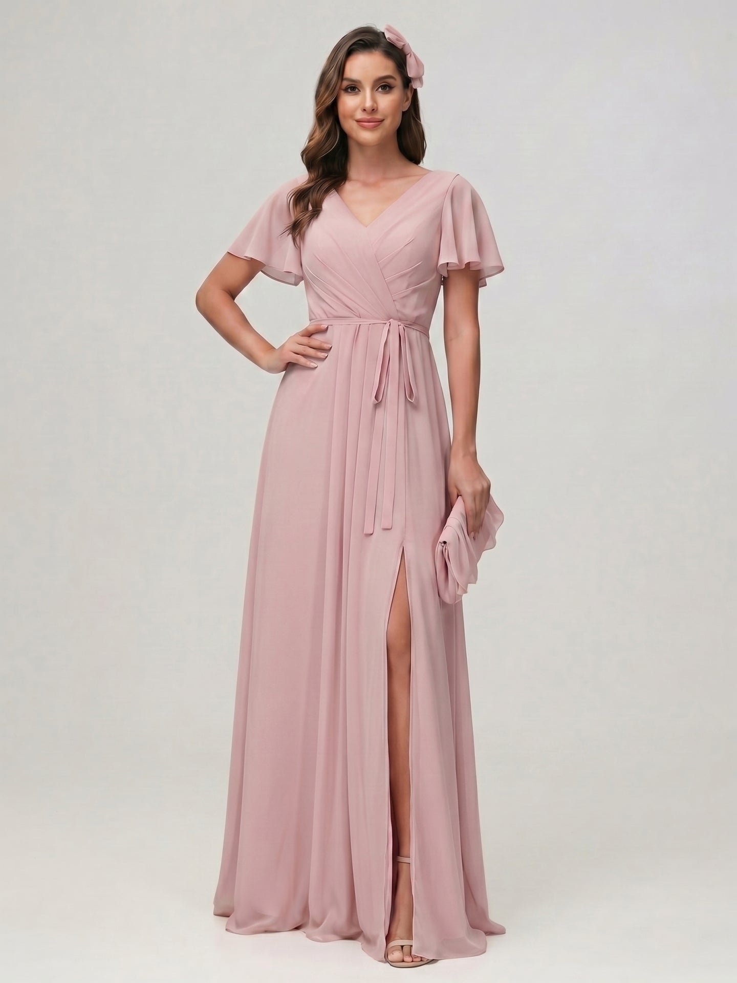 Sweet & Flowy Dusty Rose Chiffon A-Line V-Neck Ankle-Length Bridesmaid Dress with Minimalist Design