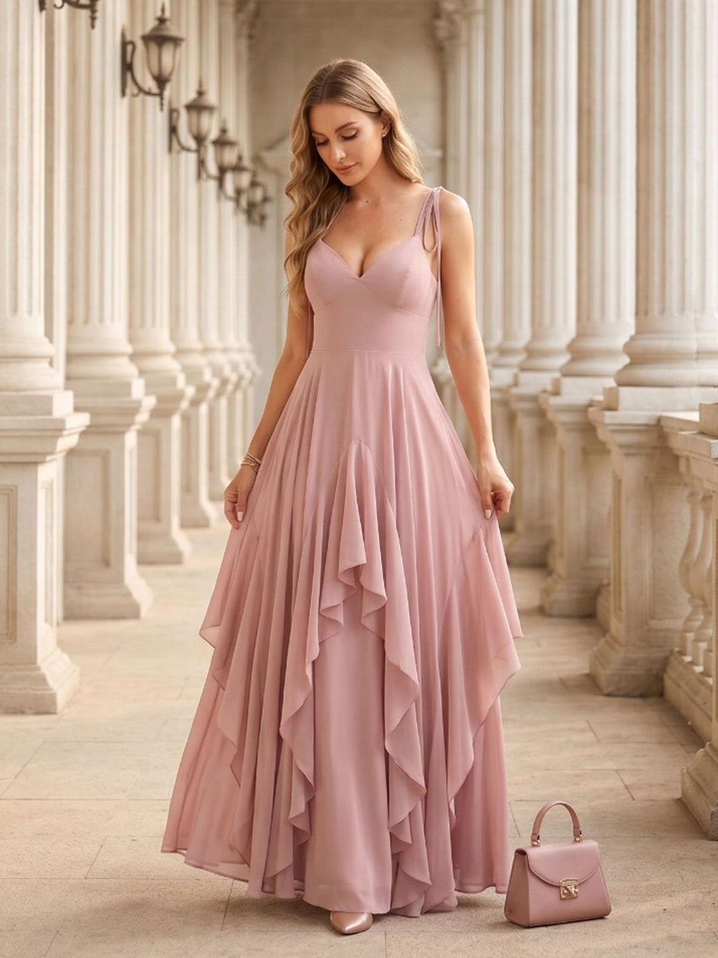 Sweet & Flowy Dusty Rose Chiffon A-Line V-Neck Back Zip with Ruffle Ankle-Length Bridesmaid Dress