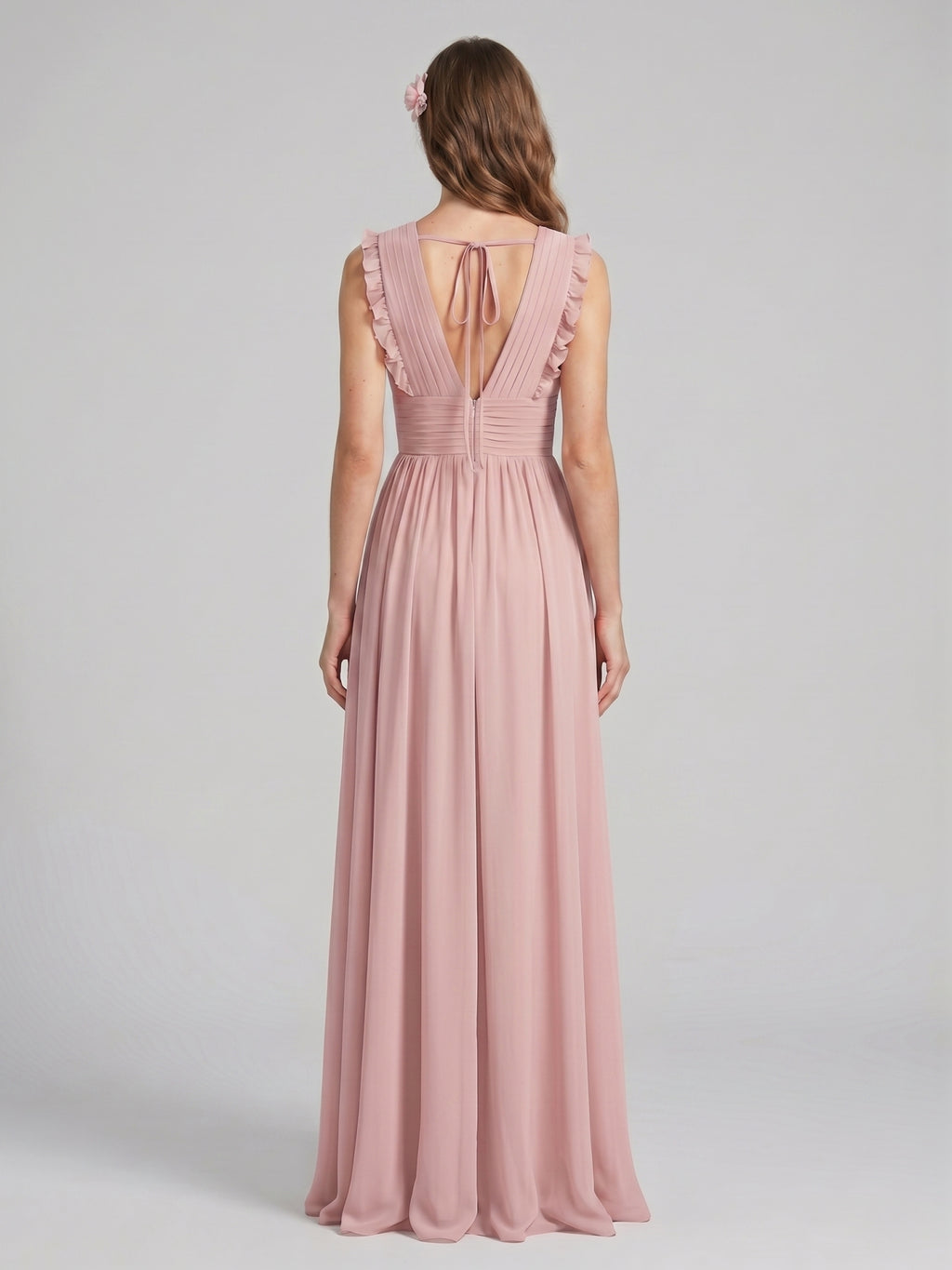Sweet & Flowy Dusty Rose Chiffon Empire V-Neck Ankle-Length Bridesmaid Dress with Minimalist Design