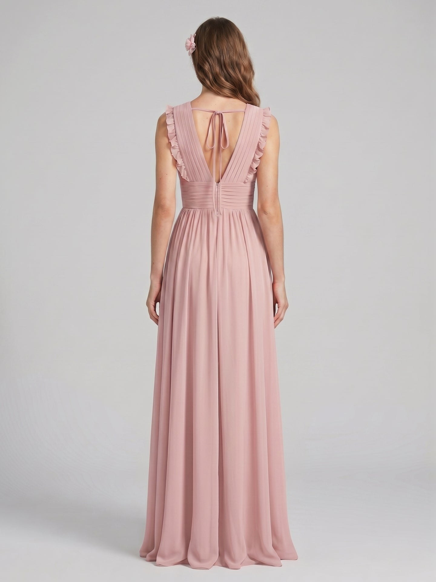 Sweet & Flowy Dusty Rose Chiffon Empire V-Neck Ankle-Length Bridesmaid Dress with Minimalist Design