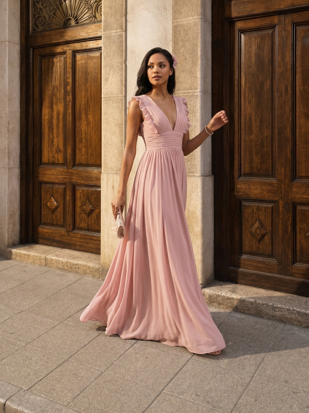 Sweet & Flowy Dusty Rose Chiffon Empire V-Neck Ankle-Length Bridesmaid Dress with Minimalist Design