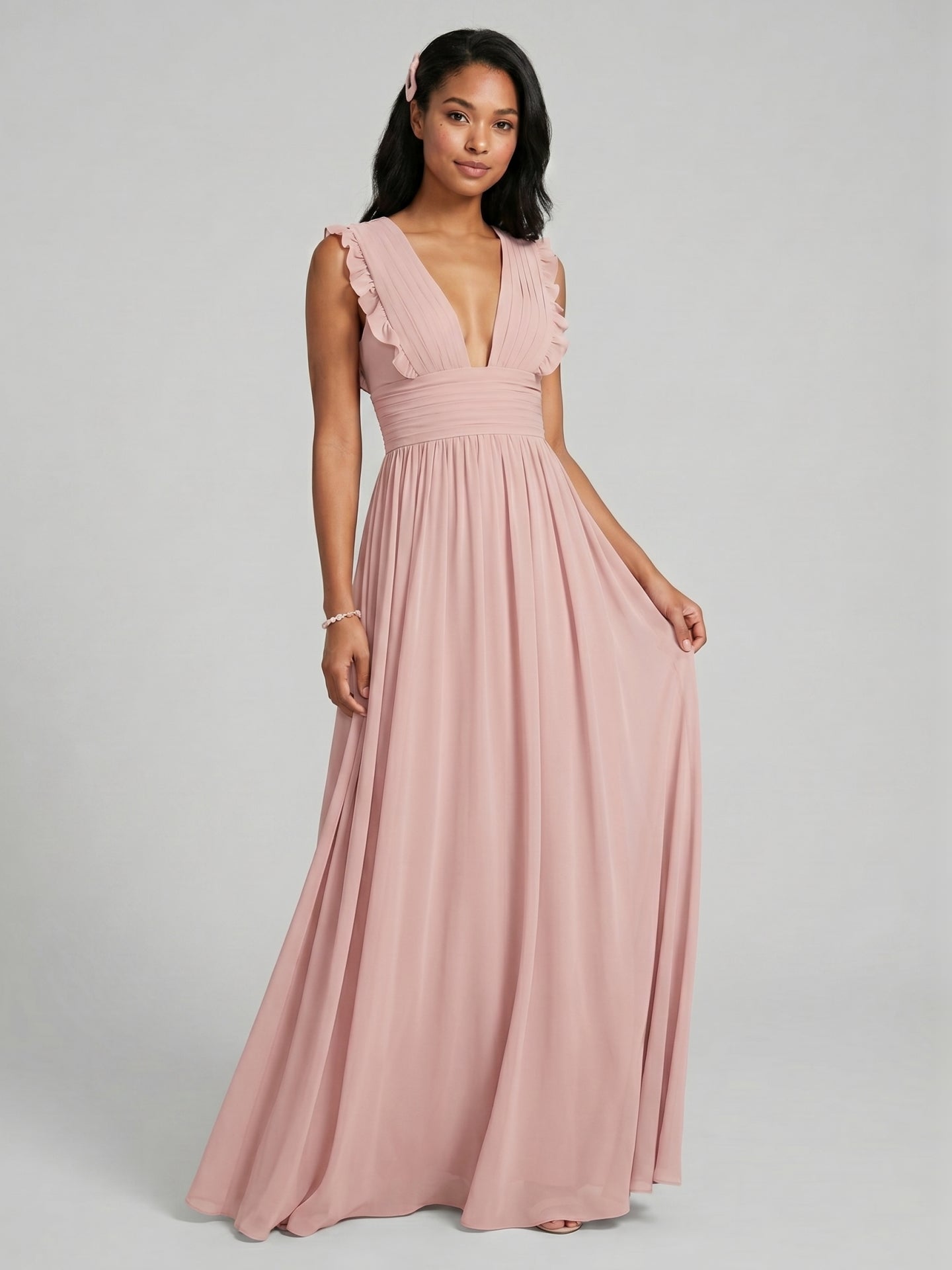 Sweet & Flowy Dusty Rose Chiffon Empire V-Neck Ankle-Length Bridesmaid Dress with Minimalist Design