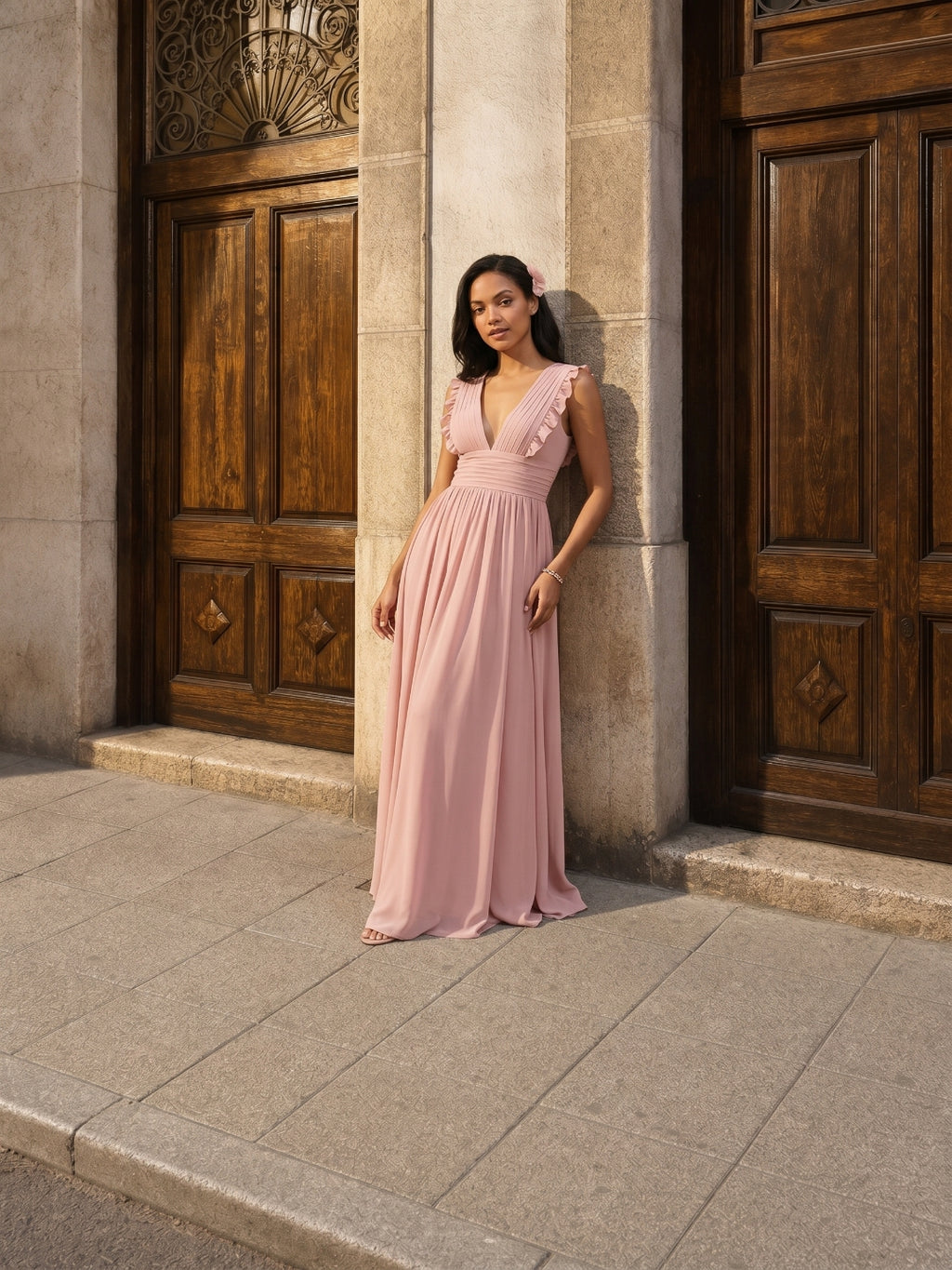 Sweet & Flowy Dusty Rose Chiffon Empire V-Neck Ankle-Length Bridesmaid Dress with Minimalist Design